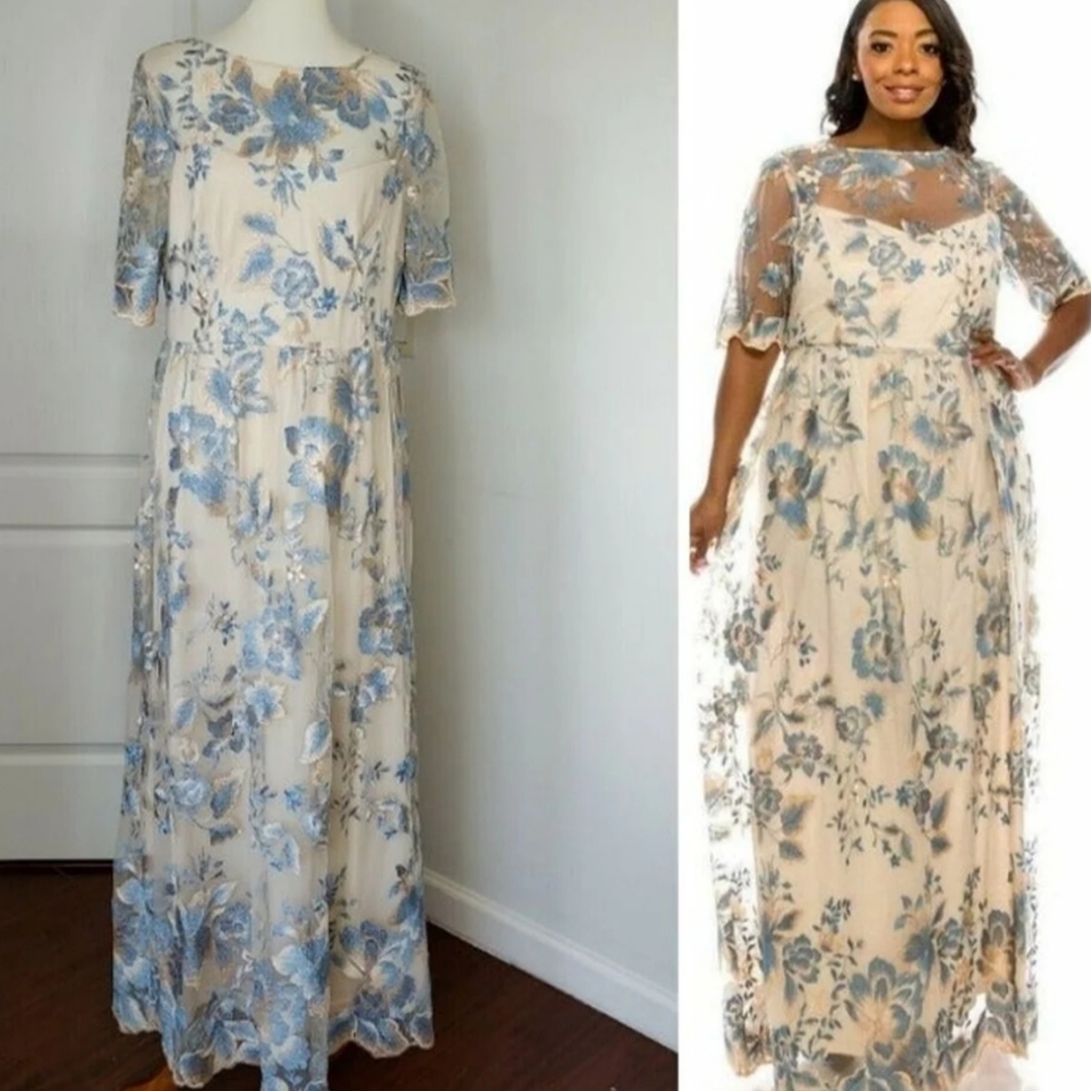 Adrianna Papell Illusion Embroidered Maxi Dress 14 Excellent Condition